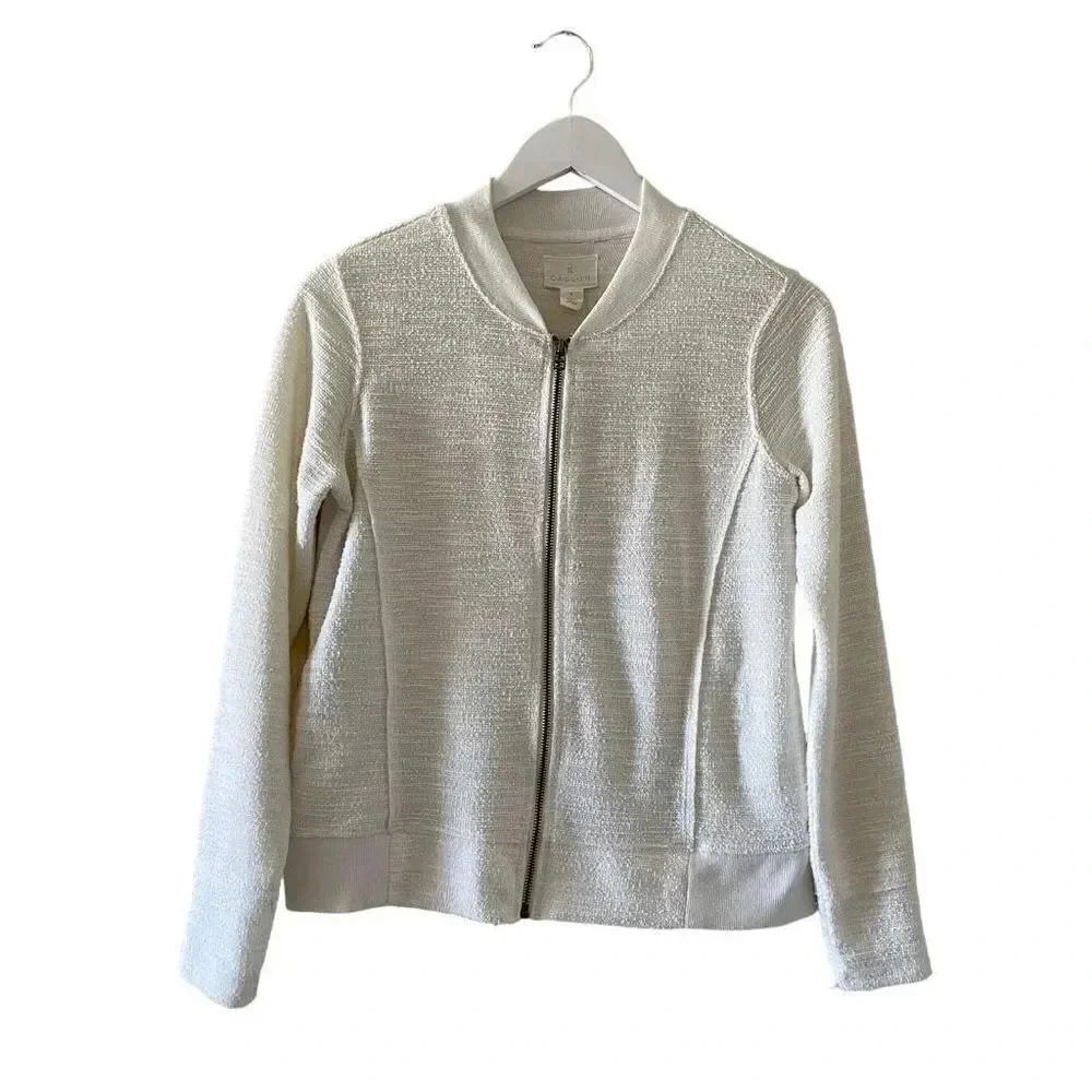 Nordstrom Caslon V-Neck Women’s White Front Zipper Long Sleeves Sz S #1251